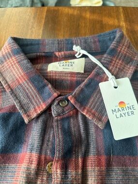 Marine Layer Navy and Red Plaid Button-Up Shirt